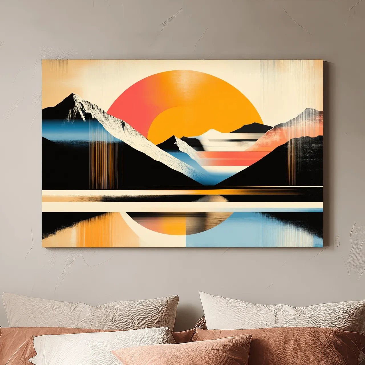 Retro Abstract Alpine Lake Sunset Artwork - Geometric Landscape Wall Art