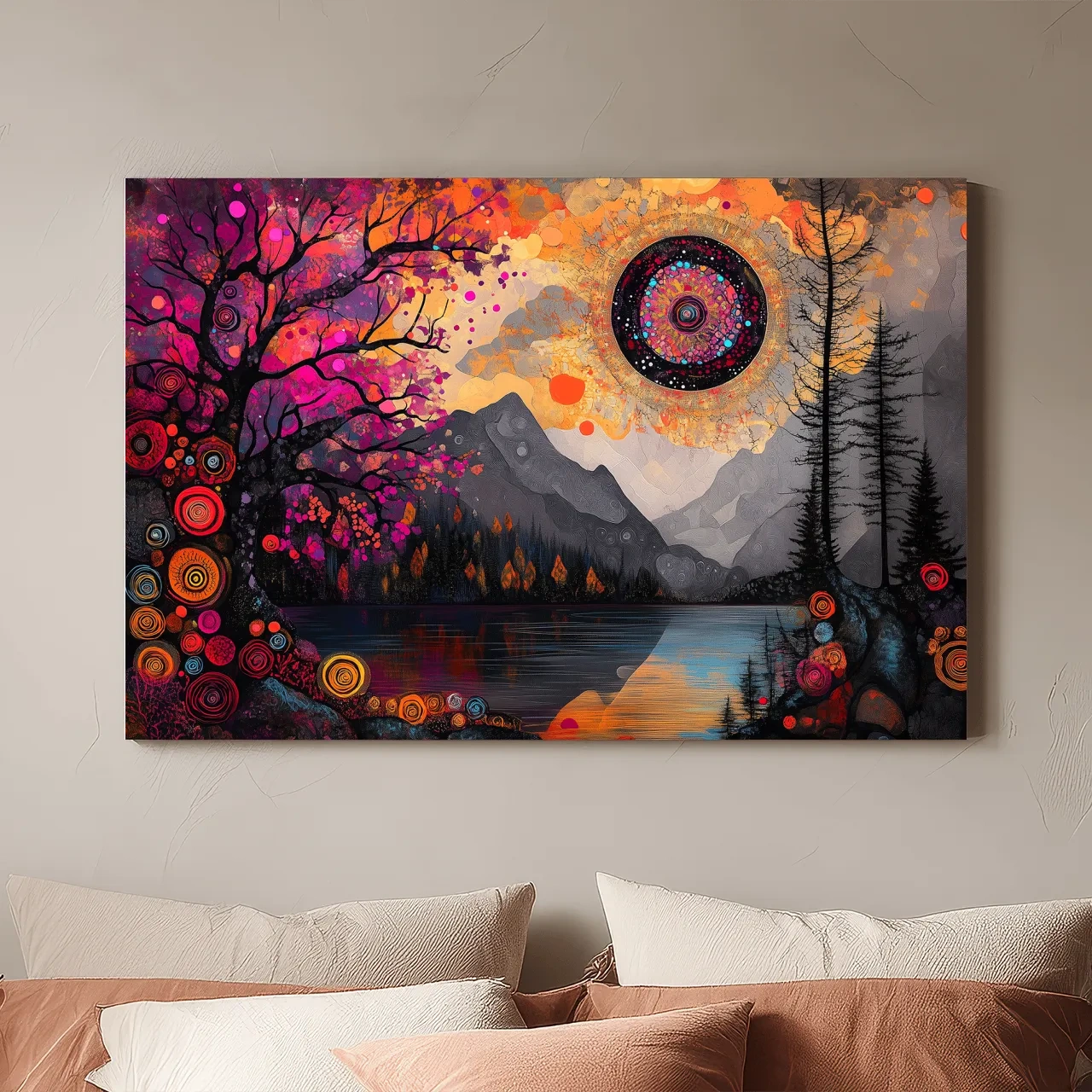 Psychedelic Mountain Lake Sunset Mandala - Vibrant Surreal Landscape Wall Art