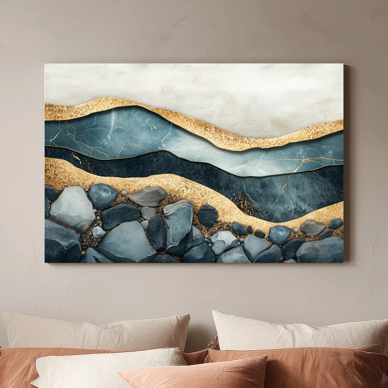 Luxury Teal Gold Marble Geode Layers - Modern River Rock Wall Art