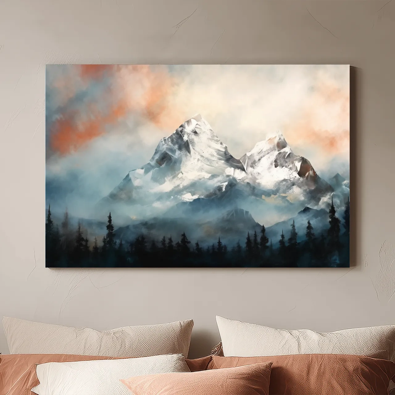 Misty Snowcapped Mountain Peaks Painting - Alpine Sunset Wall Art