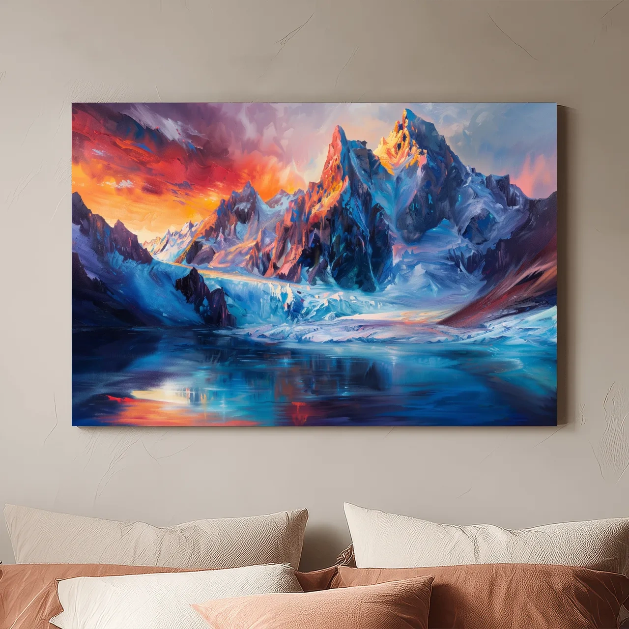 Vibrant Glacial Sunset Impressionism Painting - Dramatic Alpine Mountain Wall Art