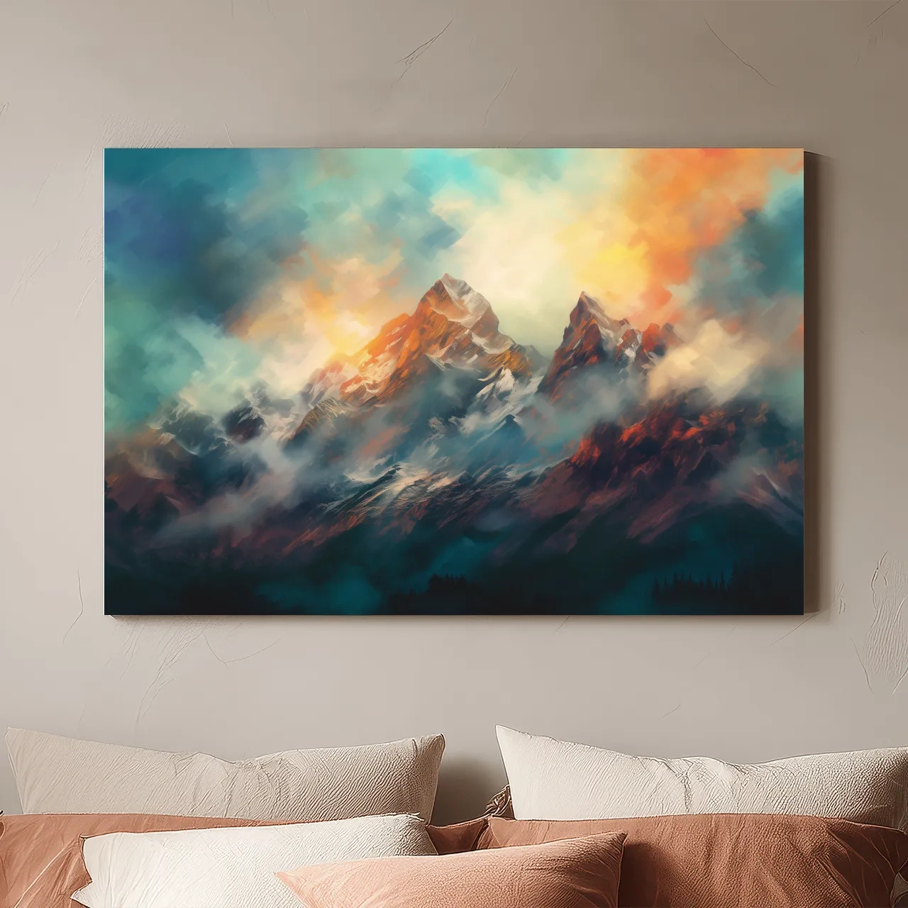 Abstract Sunrise Mountain Peaks Painting - Colorful Alpine Landscape Wall Art