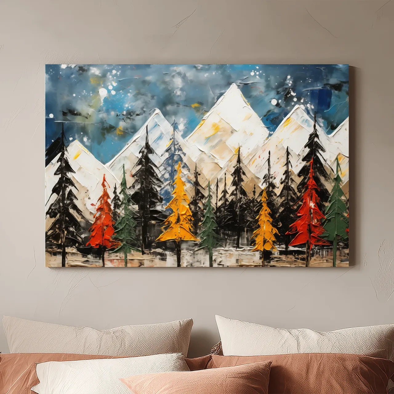 Textured Abstract Oil Painting Style Mountain Forest - Colorful Autumn Pines Landscape Wall Art