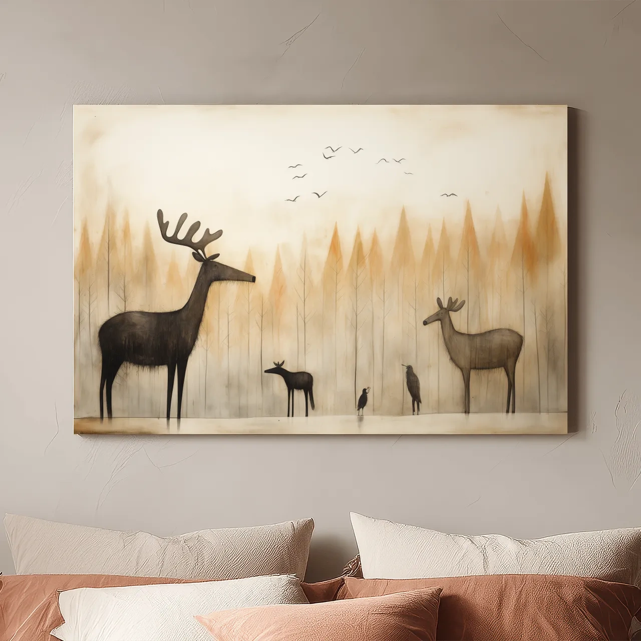 Minimalist Woodland Deer Family Illustration - Scandinavian Nursery Forest Wall Art