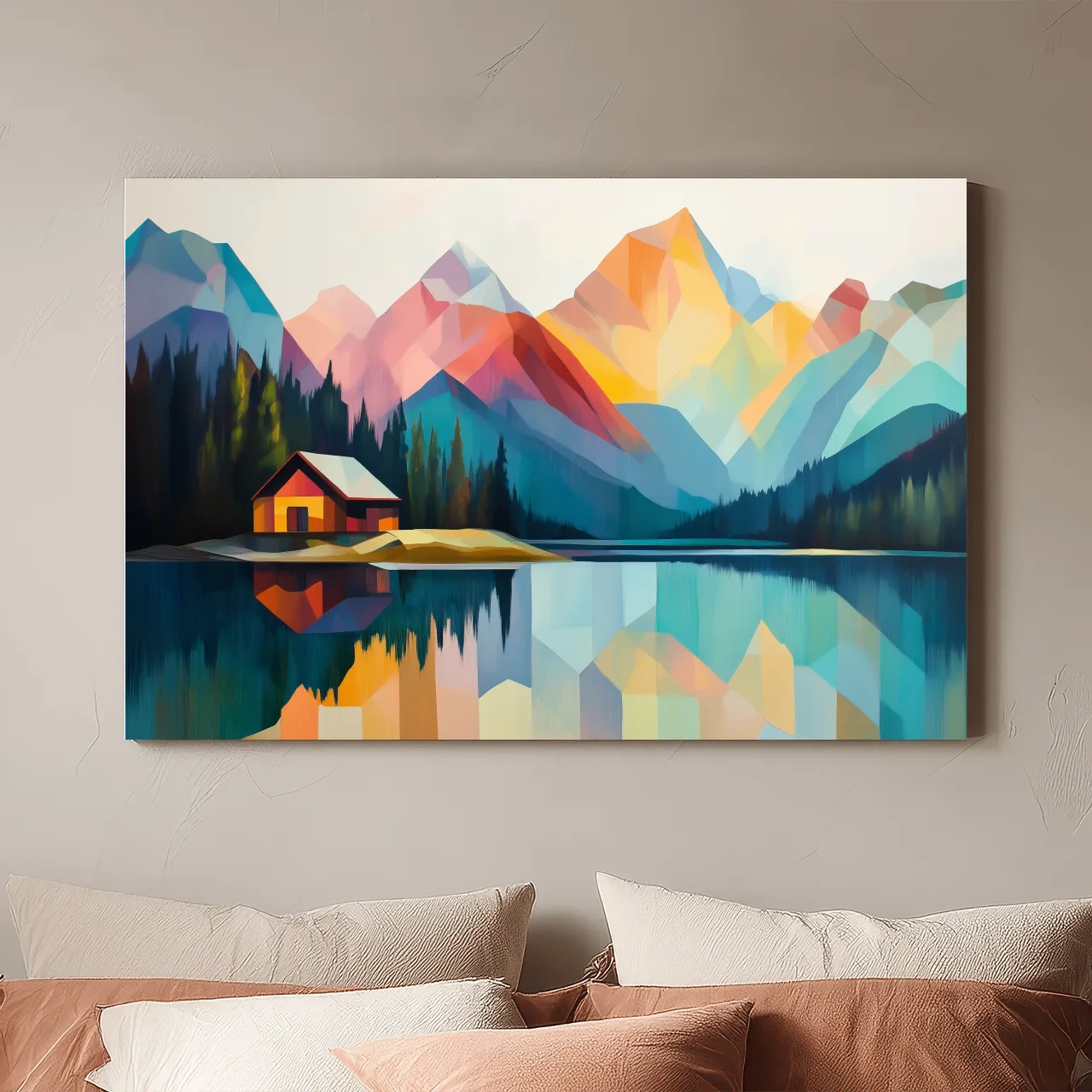Vibrant Geometric Mountain Lake Cabin - Modern Abstract Landscape Wall Art