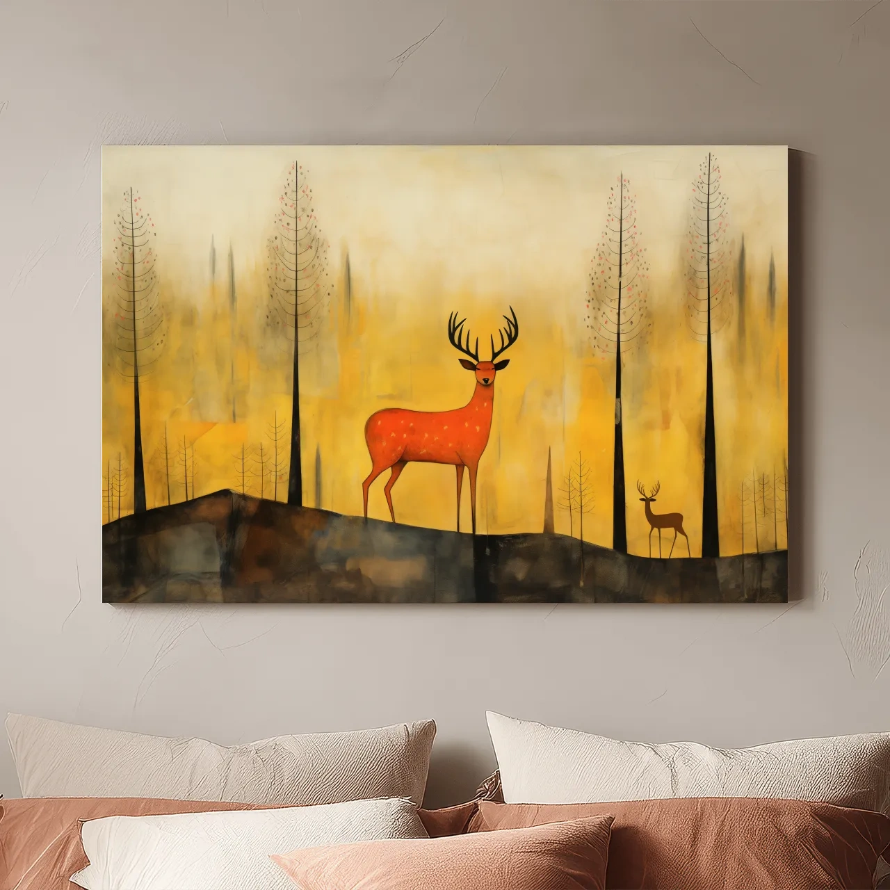 Whimsical Deer In Autumn Forest - Golden Woodland Landscape Wall Art