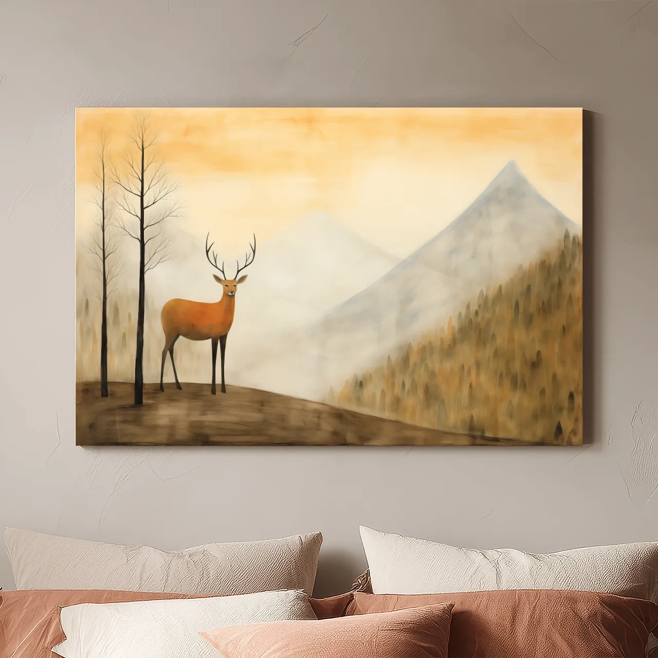Deer Alpine Mountain Landscape Painting - Serene Foggy Forest Wall Art