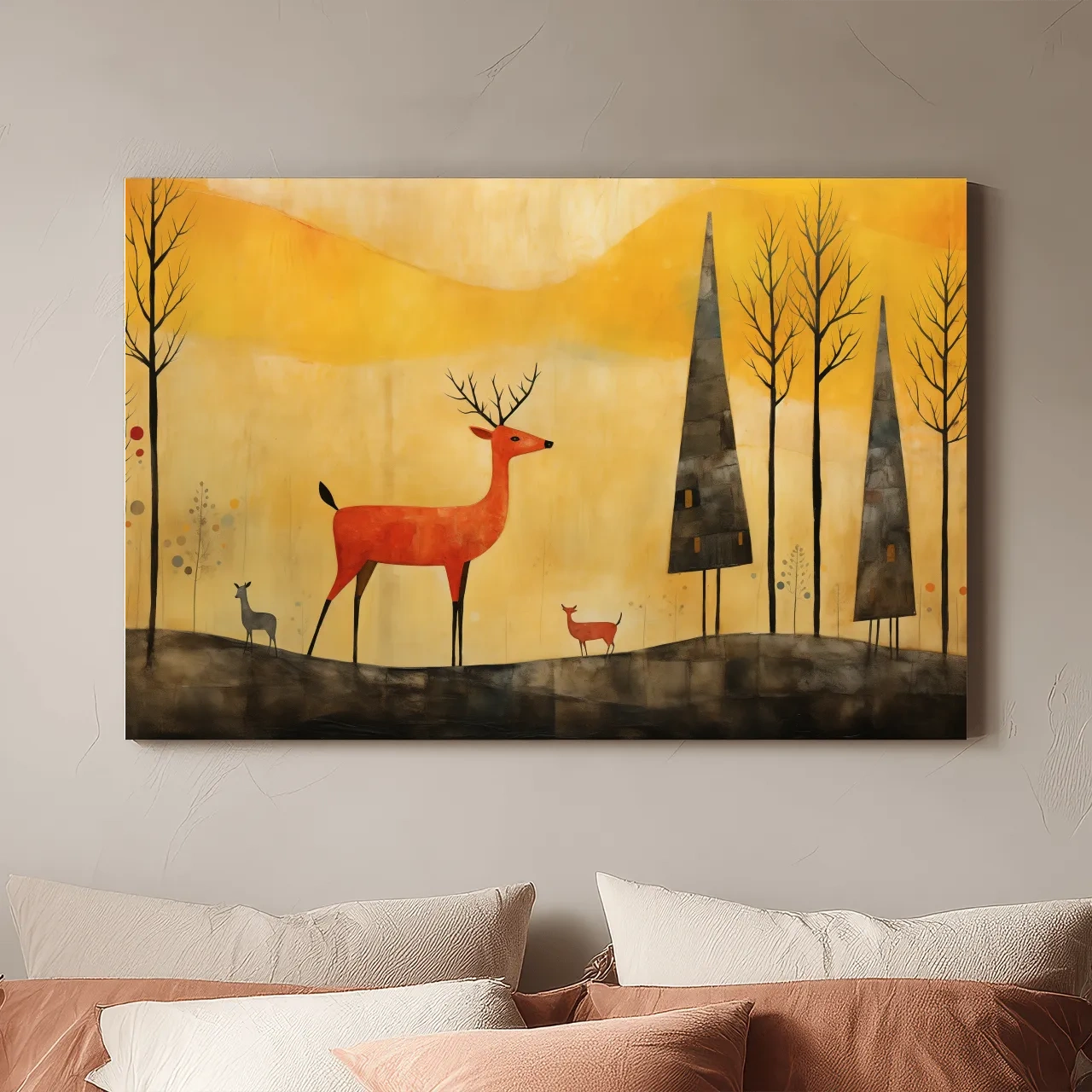 Whimsical Deer Forest Illustration - Autumn Woodland Landscape Wall Art