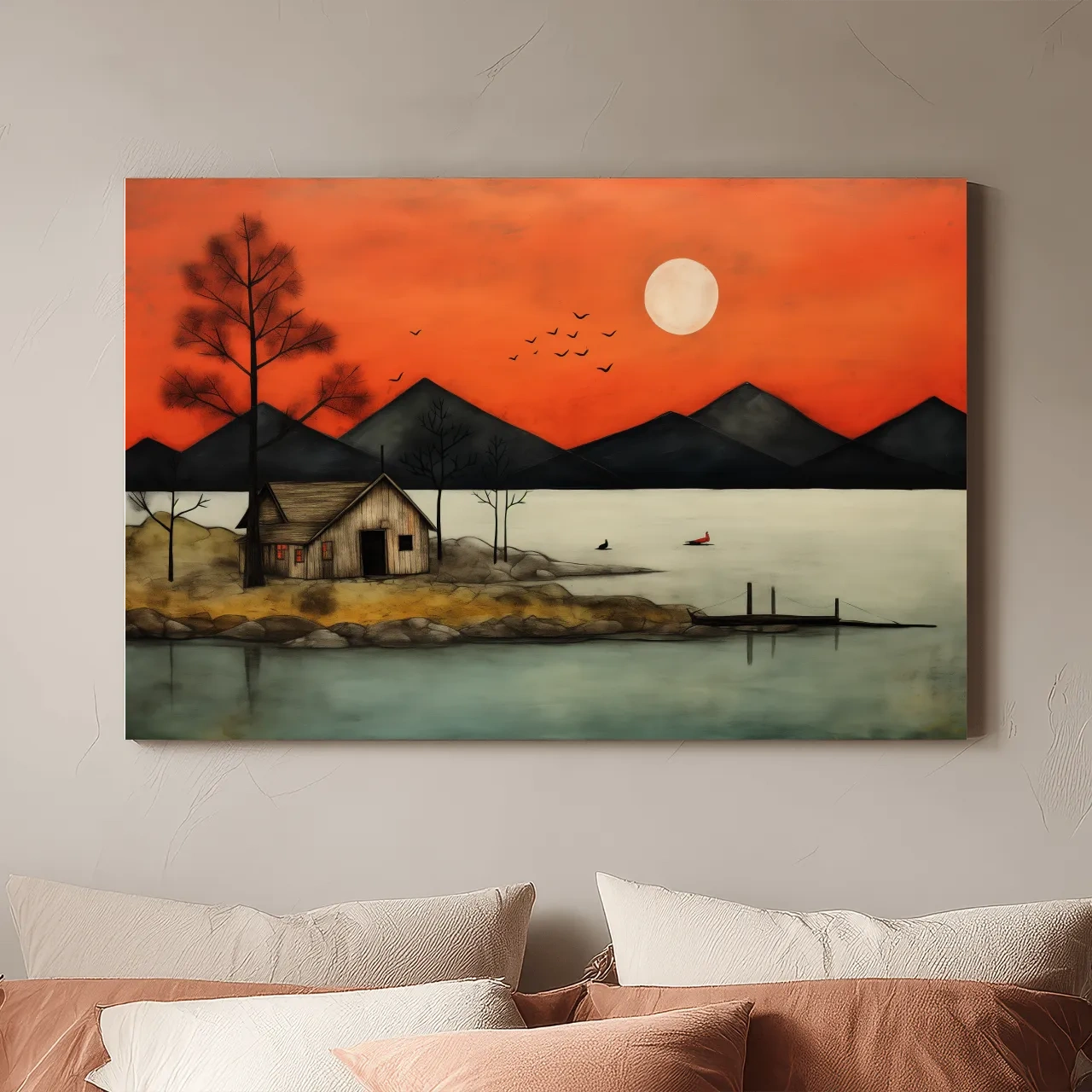 Rustic Lakeside Cabin Sunset Painting - Mountain Wall Art