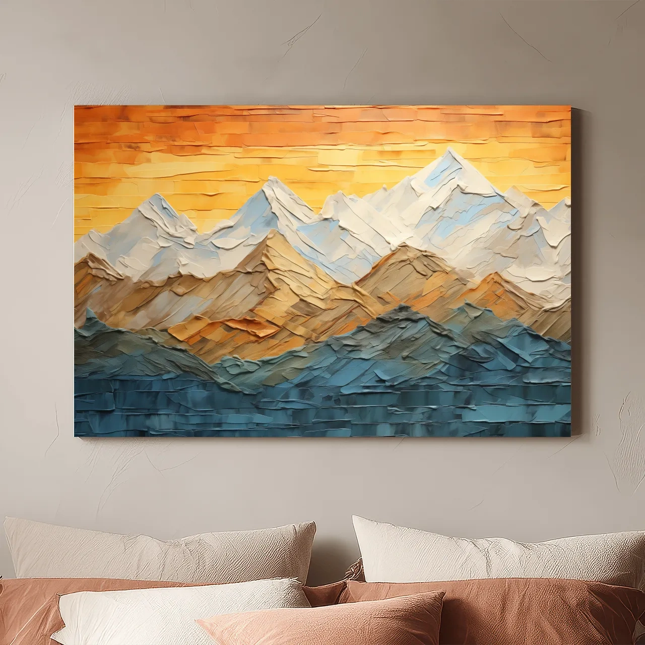 Impasto Style Mountain Range Sunset - Pallet Knife Painting Effect Wall Art