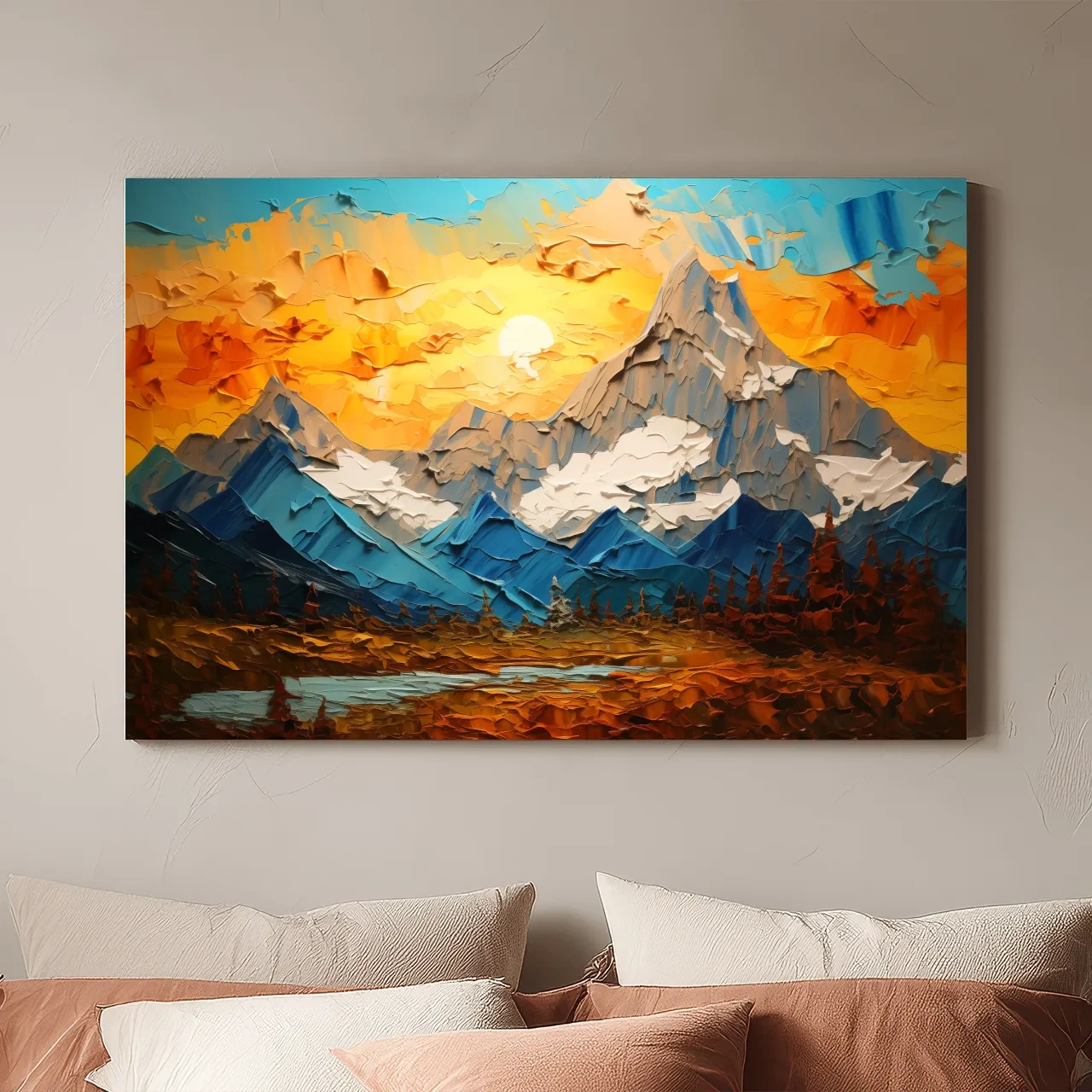 Palette Knife Style Mountain Sunset Painting - Vibrant Abstract Alpine Artwork