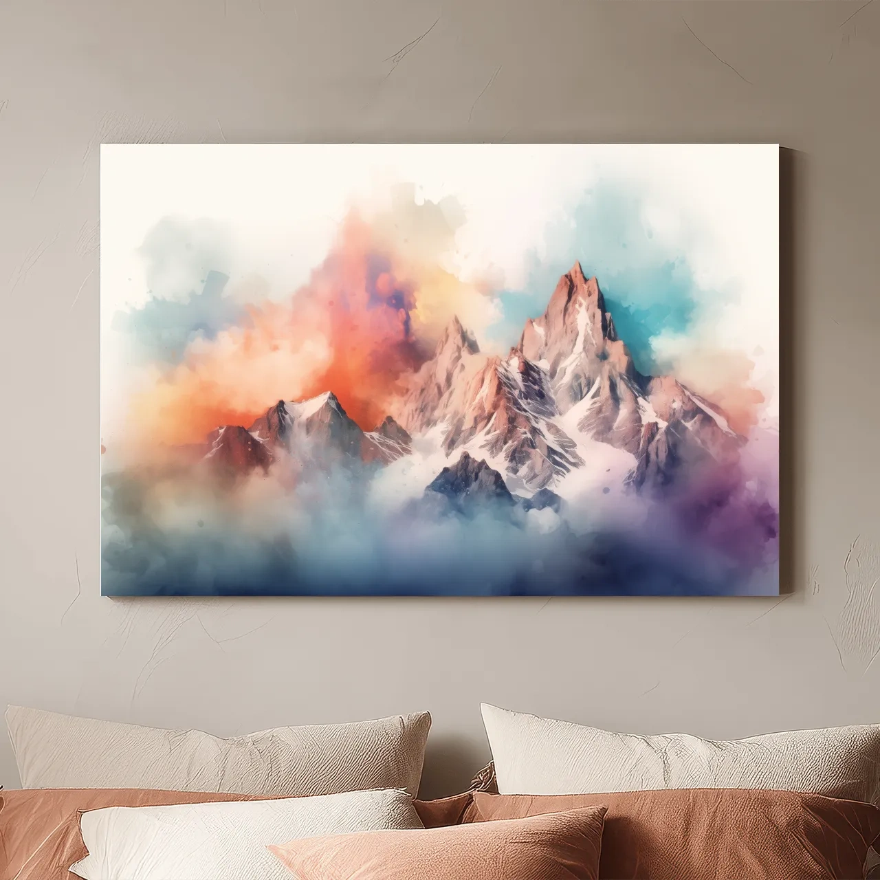 Vibrant Watercolor Alpine Mountain Peaks - Colorful Misty Artwork