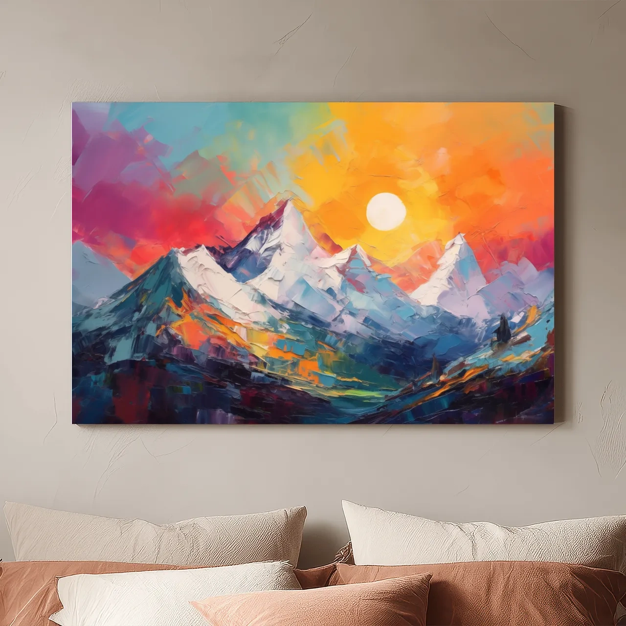 Vibrant Impasto Mountain Sunset Painting - Colorful Abstract Alpine Wall Art