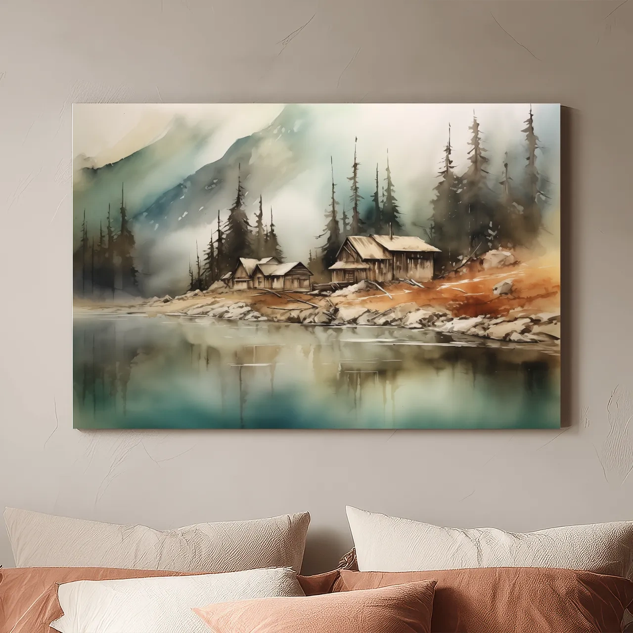 Rustic Lakeside Cabin Watercolor Landscape - Serene Alpine Mountain Wall Art