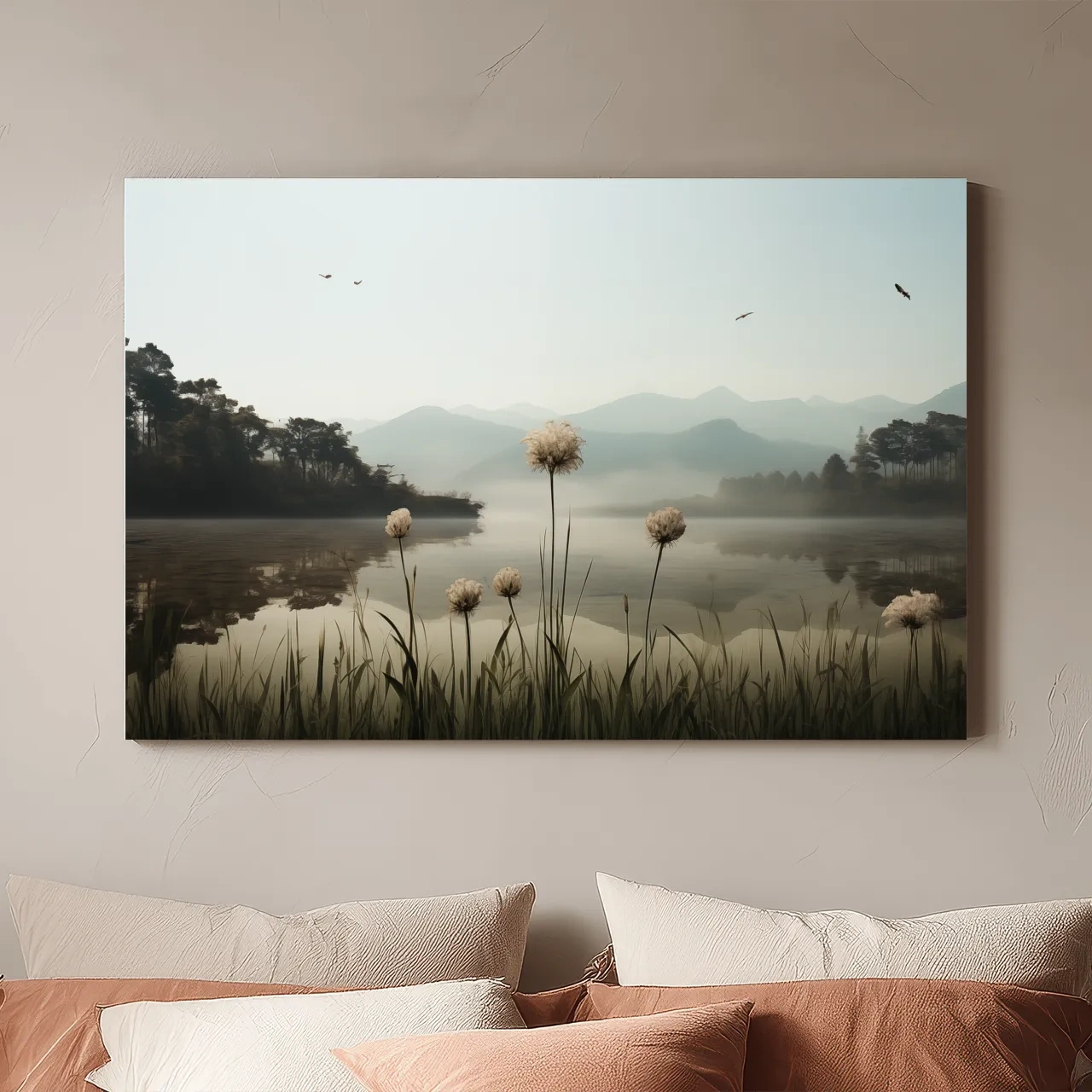 Misty Lake Painting With Wildflowers - Serene Landscape Wall Art