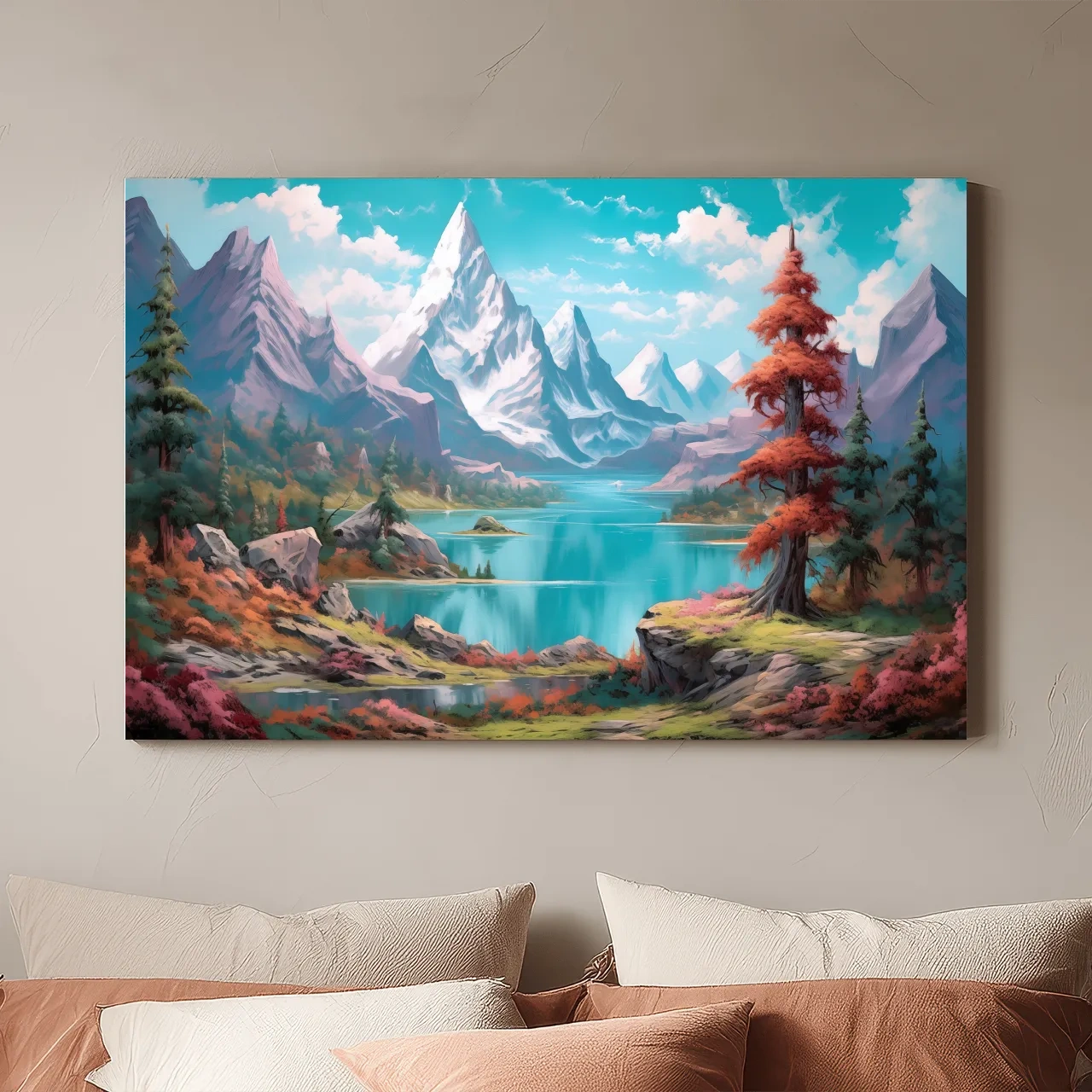Vibrant Fantasy Alpine Lake Mountains - Surreal Colorful Artwork