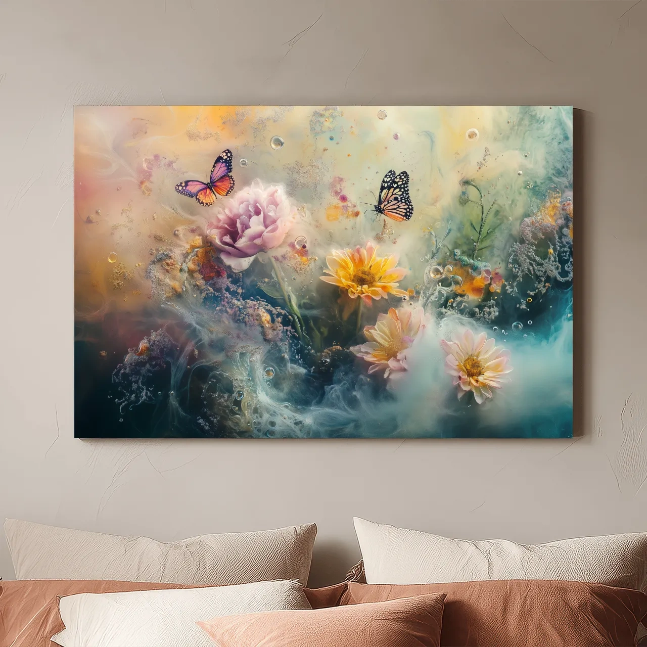 Ethereal Butterfly Floral Dreamscape - Pastel Mixed Media Wall Art
