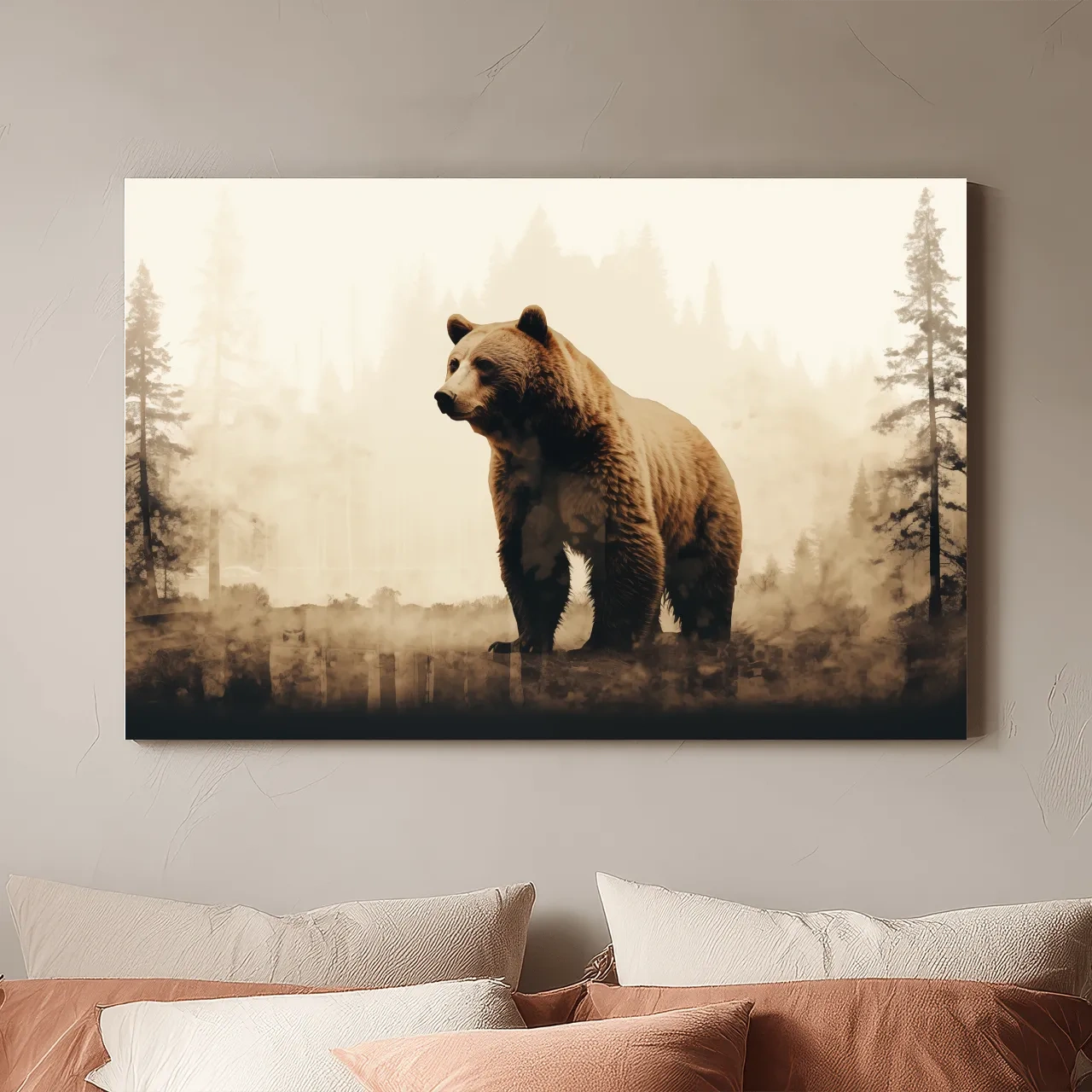 Grizzly Bear Double Exposure Forest - Rustic Wildlife Nature Wall Art