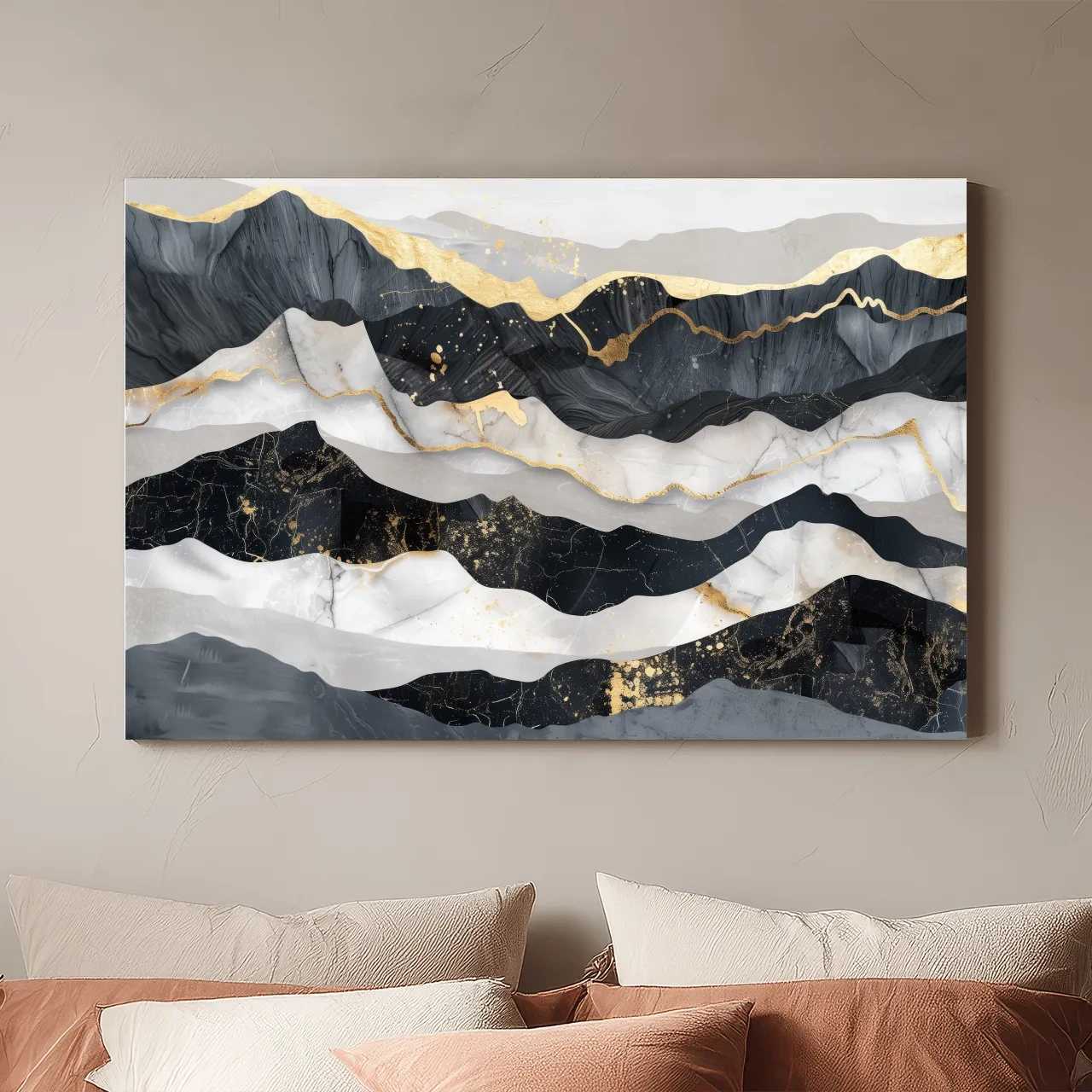 Abstract Black Marble Mountain Layers - Modern Elegant Gold Foil Landscape Wall Art