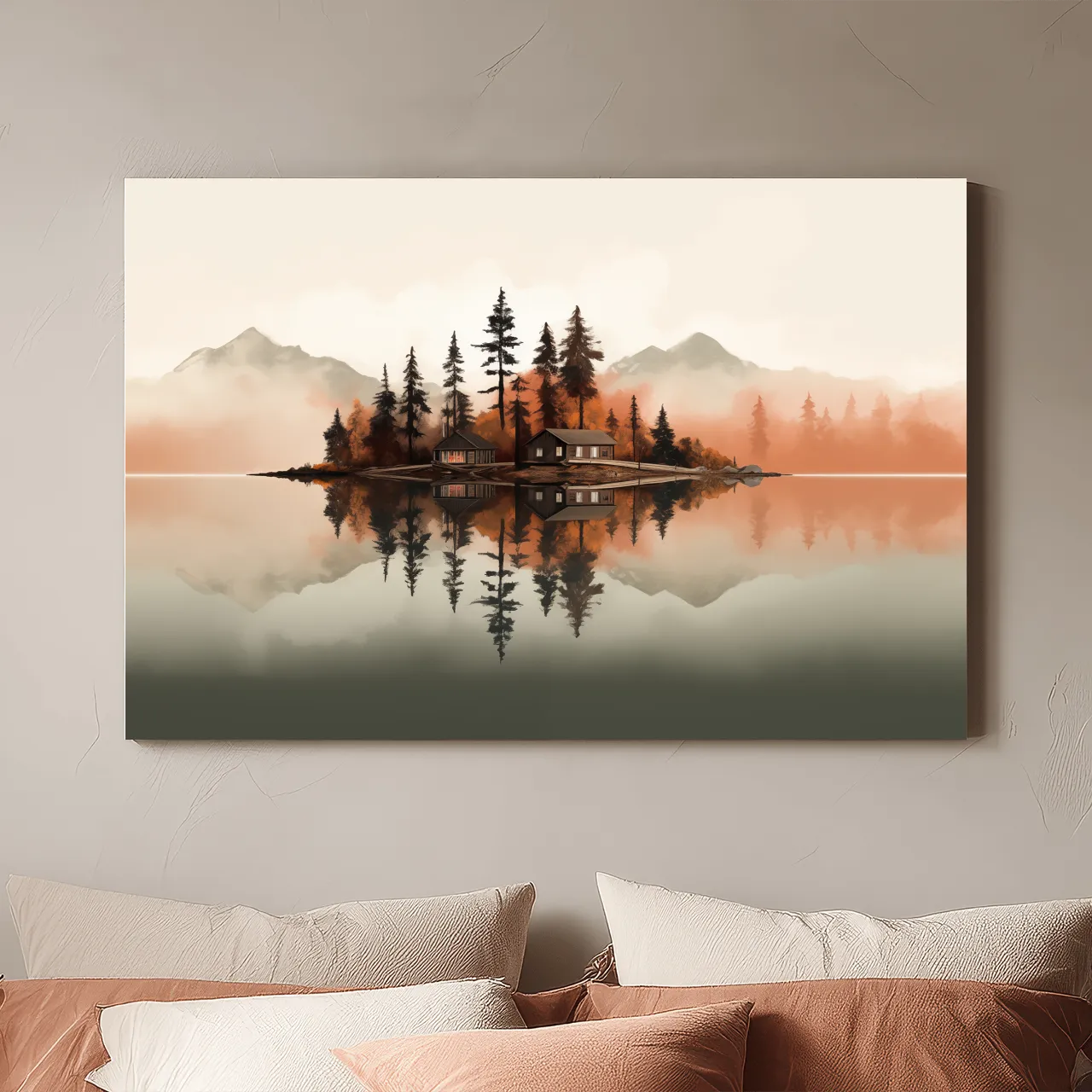 Minimalist Misty Lake Cabin Reflection - Autumn Mountain Landscape Wall Art
