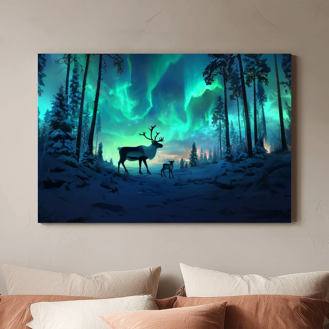 Caribou Buck Under Aurora Borealis Winter Scene - Fantasy Northern Lights Forest Wall Art