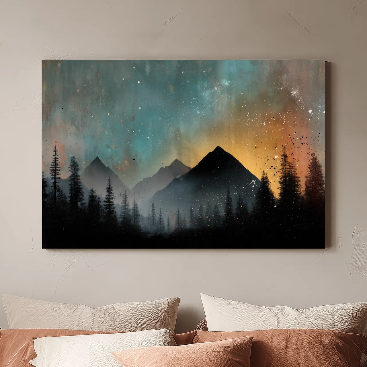 Moody Mountain Sunset Silhouette - Abstract Pine Forest Wall Art