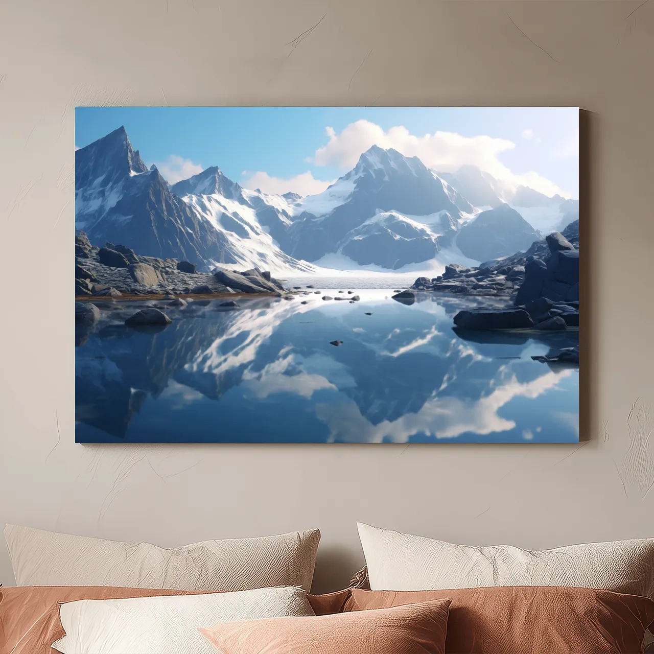 Majestic Snowcapped Mountain Lake Artwork - Serene Alpine Photography Wall Art