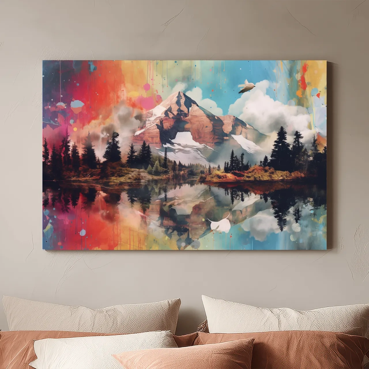Vibrant Abstract Mountain Lake Painting - Colorful Landscape Wall Art