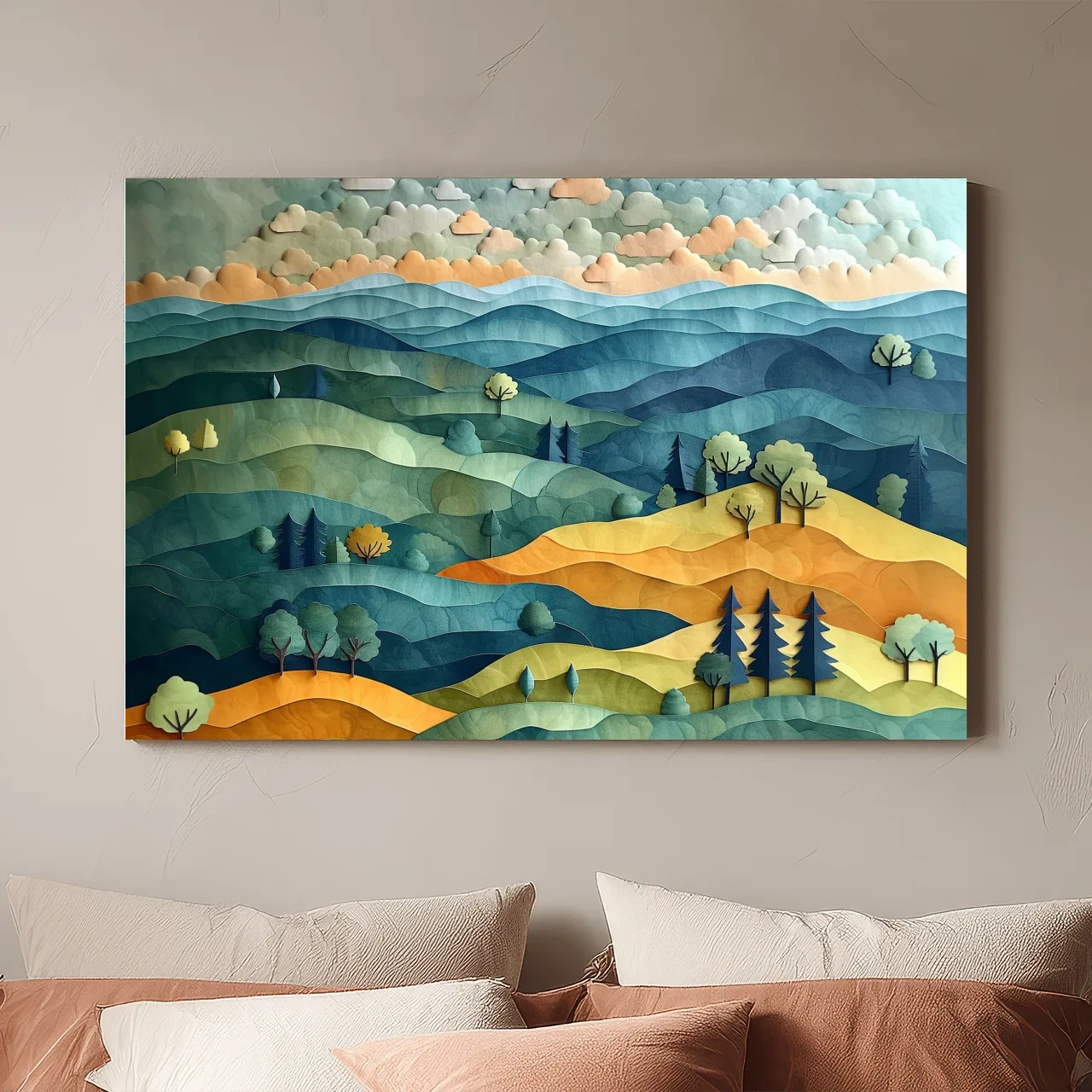 Layered Paper Cut Mountain Landscape - Colorful Modern Nature Wall Art
