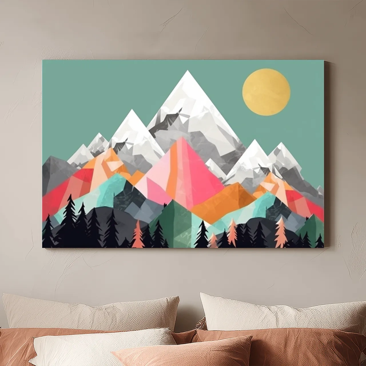 Geometric Abstract 2D Mountain Sunrise Art - Colorful Mid Century Wall Art