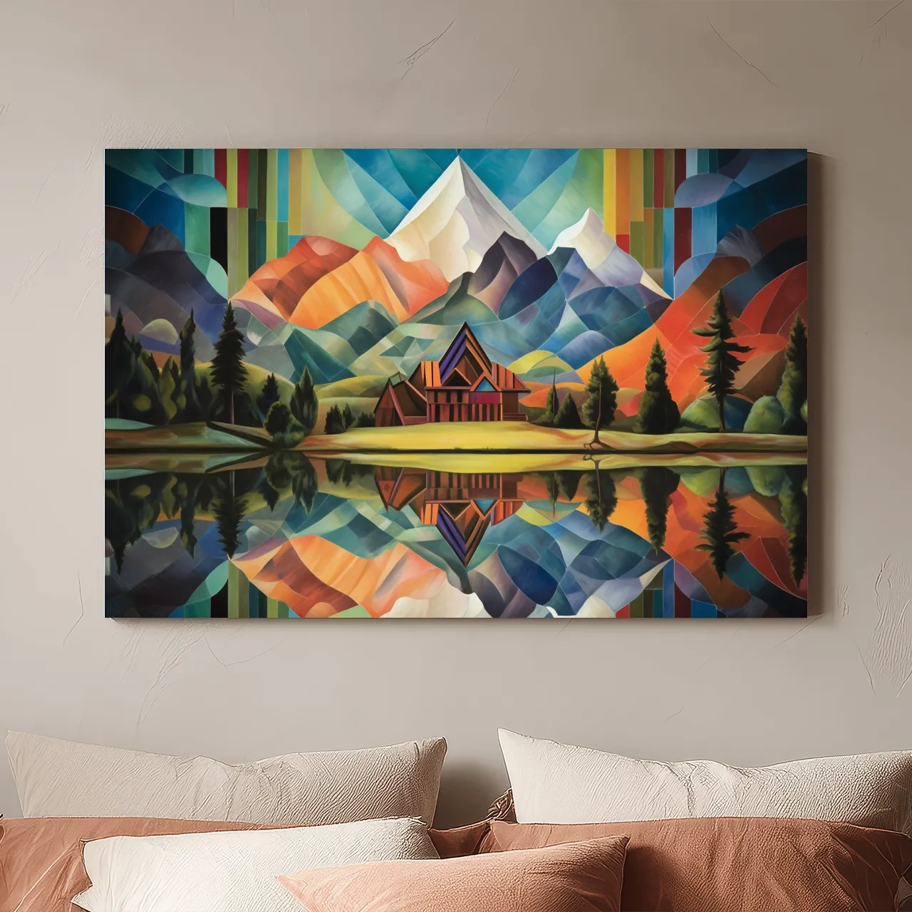 Vibrant Geometric Mountain Cabin Lake Reflection - Colorful Abstract Landscape Wall Art