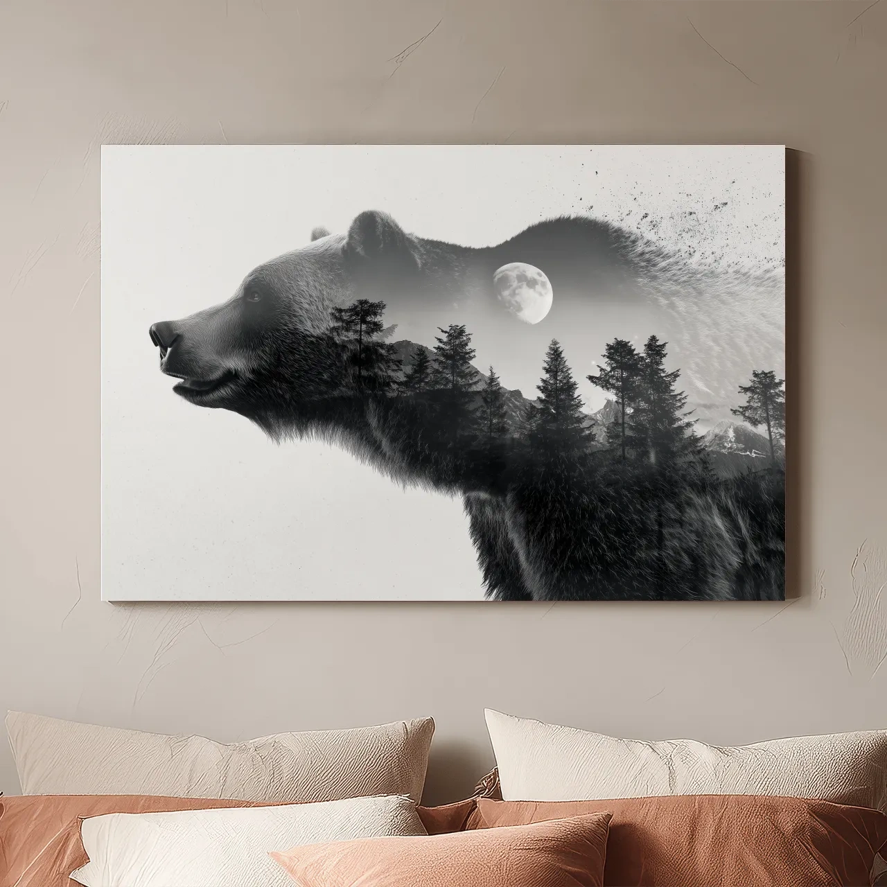Black And White Grizzly Bear Double Exposure - Moonlit Pine Forest Mountain Wall Art