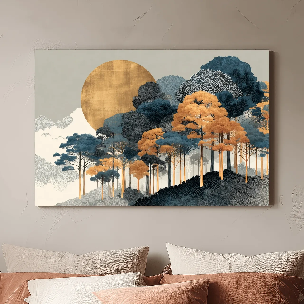 Modern Chic Golden Sun Over Autumn Forest - Elegant Boho Landscape Wall Art