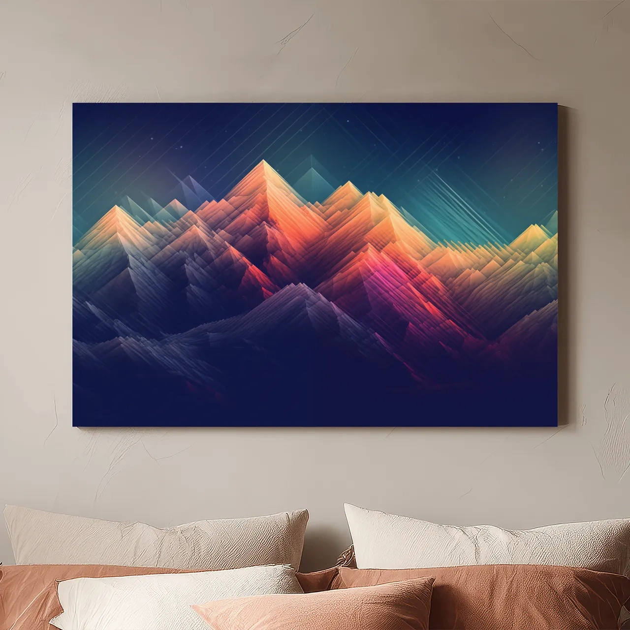 Vibrant Geometric Neon Mountain Peaks - Abstract Alpine Wall Art