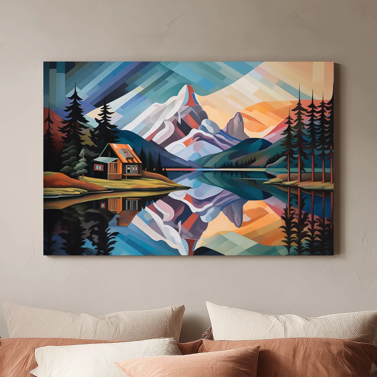 Mountain Cabin by the Lake Canvas Print - Abstract Oil Painting Sunset Wall Art