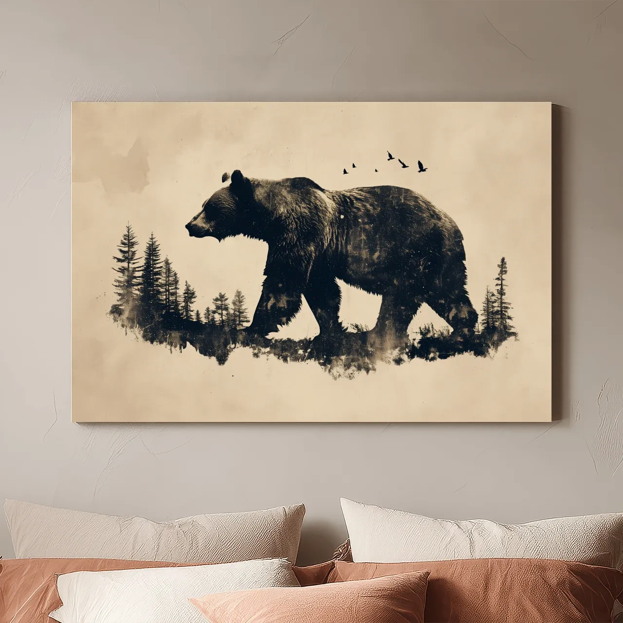 Vintage Grizzly Bear Forest Silhouette - Rustic Wildlife Wall Art