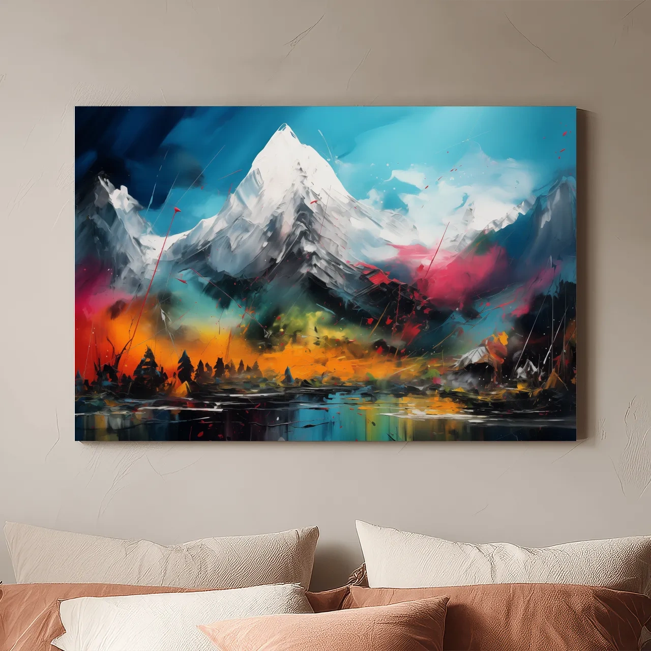 Vibrant Abstract Alpine Mountain Peaks - Colorful Impasto Painting Style Wall Art