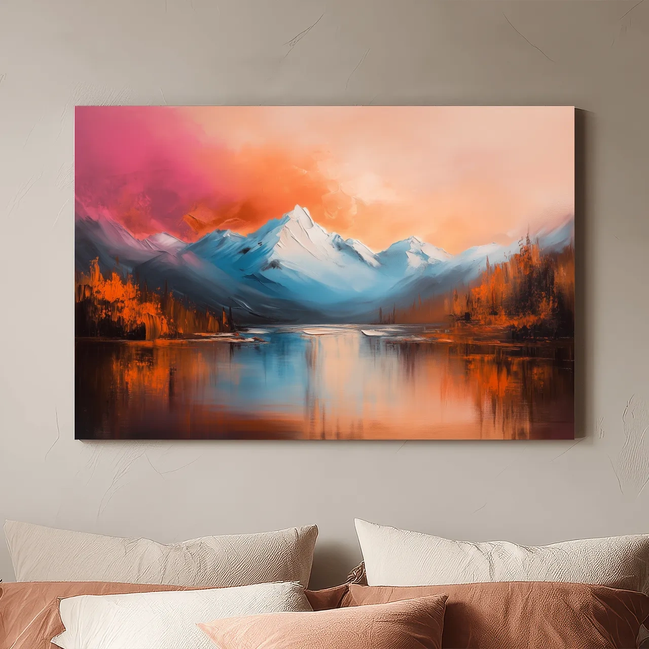 Sunset Mountain Lake Painting - Serene Abstract Landscape Wall Art Print
