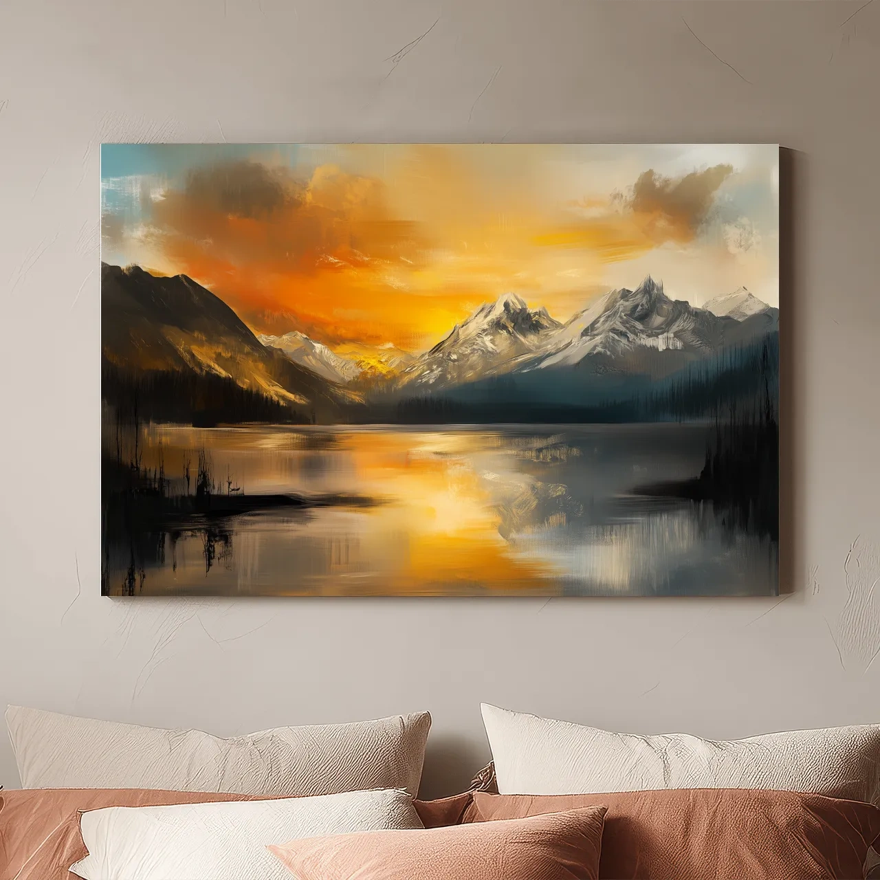 Moody Alpine Mountain Lake Sunset Painting - Oil Painting Style Wall Art