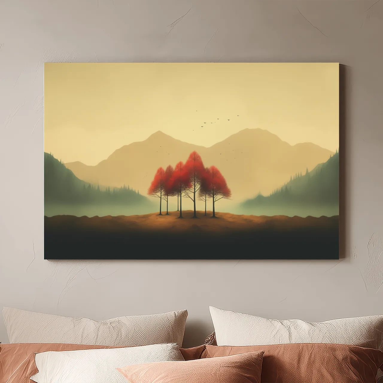 Minimalist Autumn Tree Grove Landscape - Misty Mountain Forest Wall Art