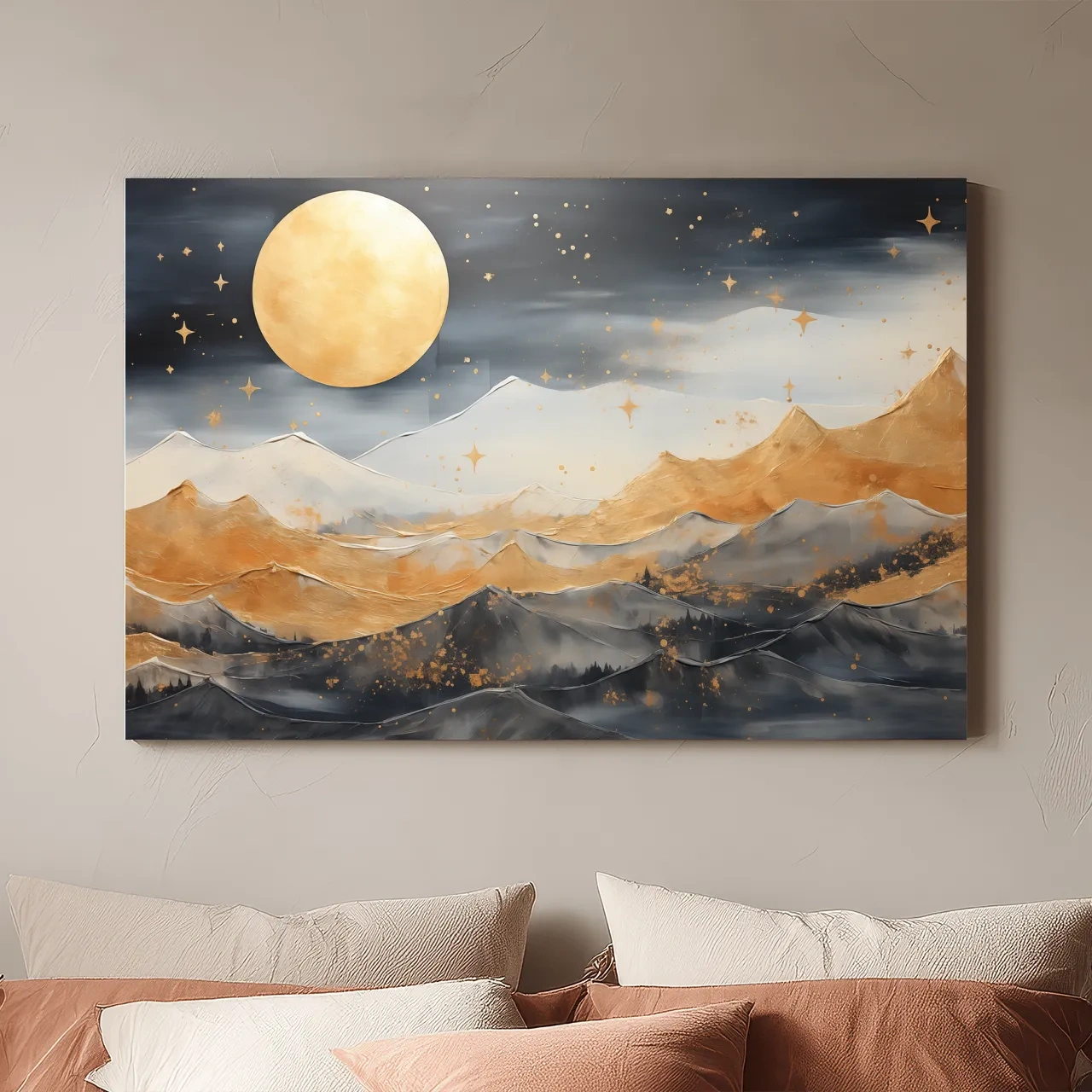 Golden Moonlit Abstract Mountain Landscape - Modern Watercolor Wall Art