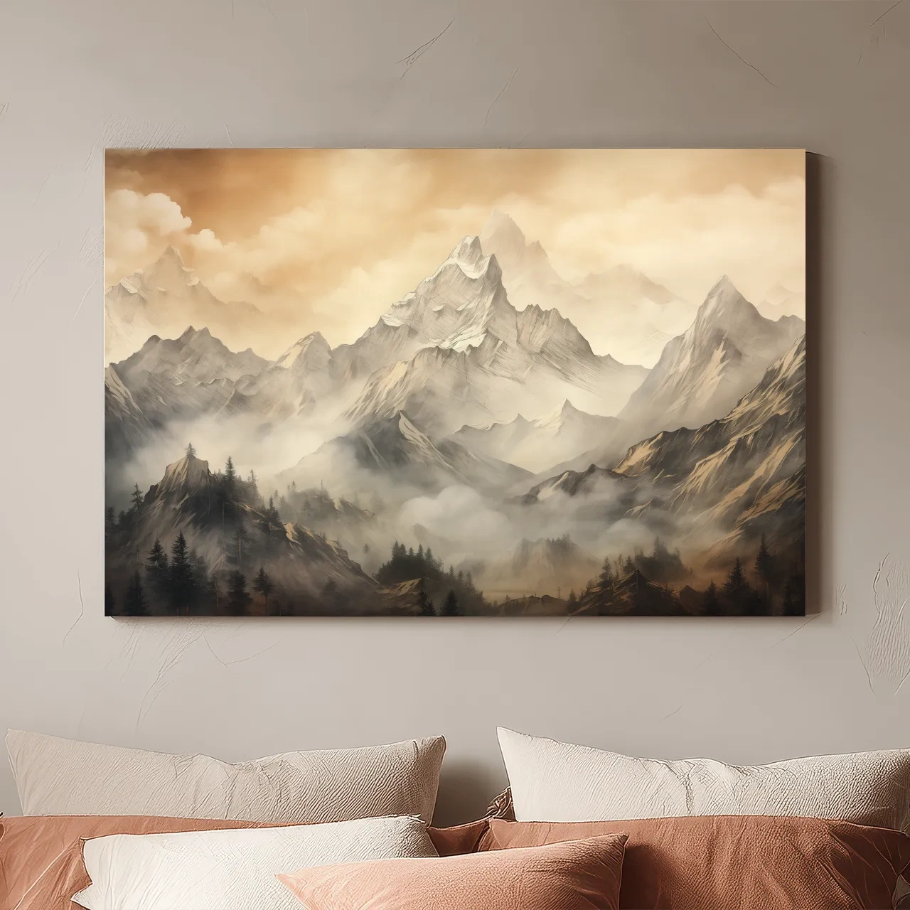 Moody Sepia Misty Mountain Peaks - Atmospheric Alpine Landscape Painting Wall Art