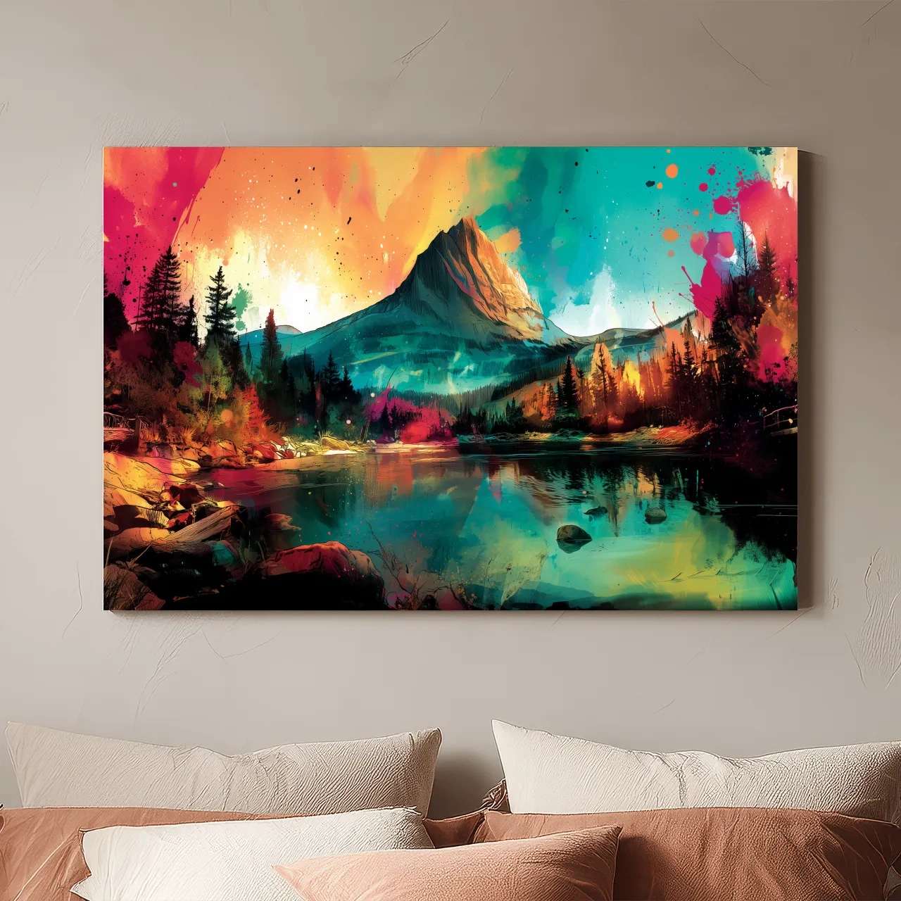 Vibrant Abstract Alpine Mountain Sunrise - Colorful Watercolor Style Artwork