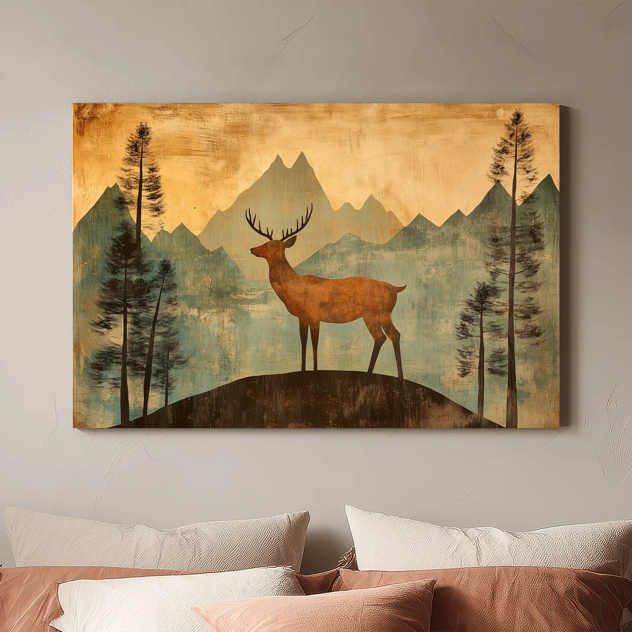 Rustic Deer Silhouette Mountain Landscape - Vintage Woodland Wall Art