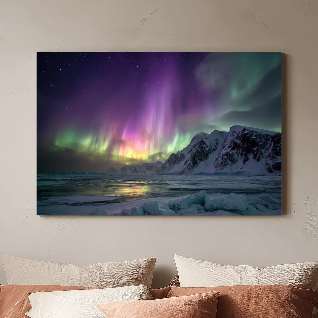 Vibrant Northern Lights Over Snowy Mountains - Aurora Borealis Photographic Night Sky Wall Art