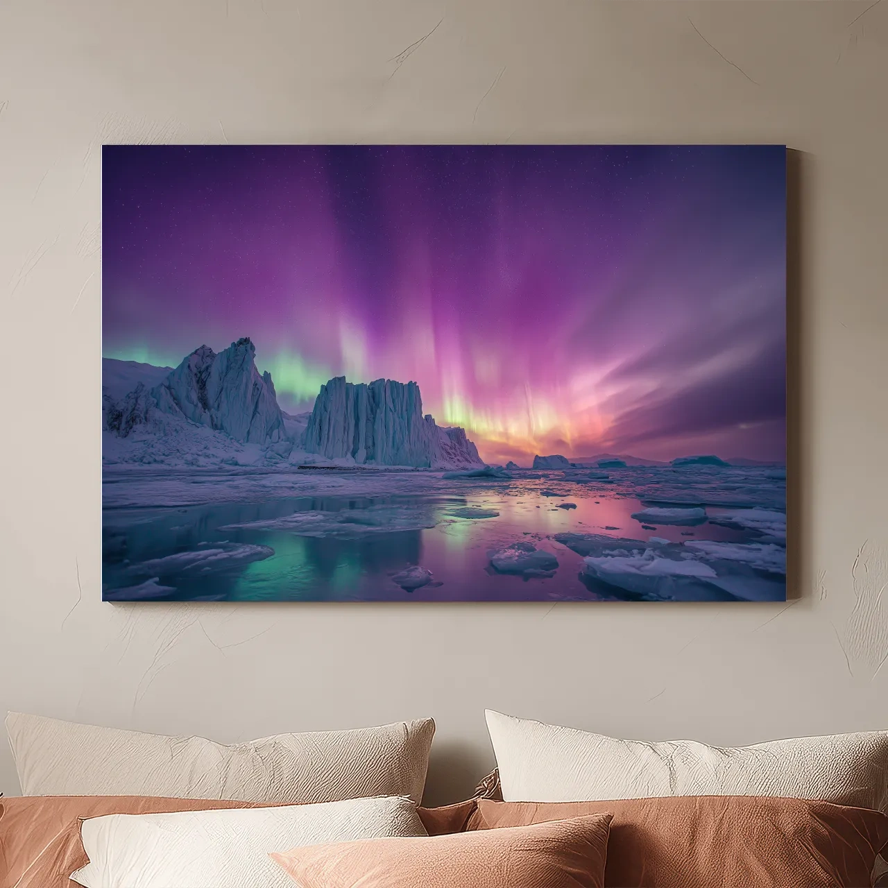 Vibrant Purple Northern Lights Over Arctic Icebergs - Aurora Borealis Landscape Wall Art