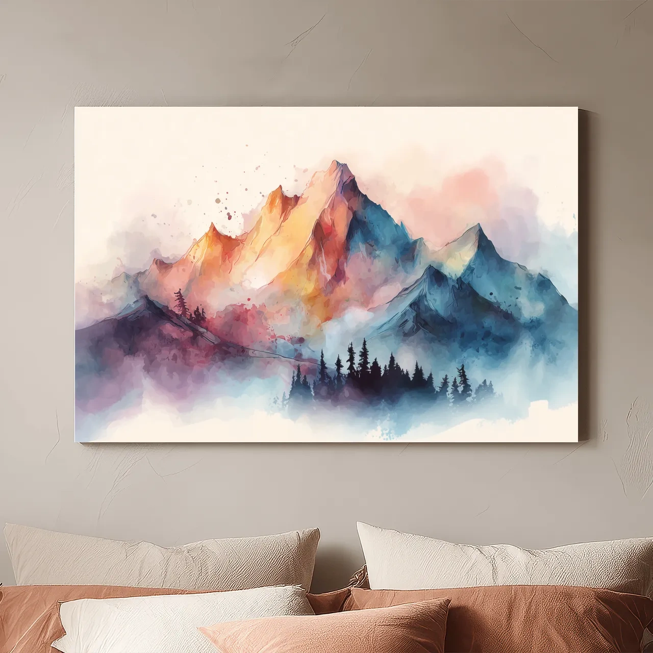 Vibrant Watercolor Mountain Peaks - Colorful Misty Alpine Forest Wall Art