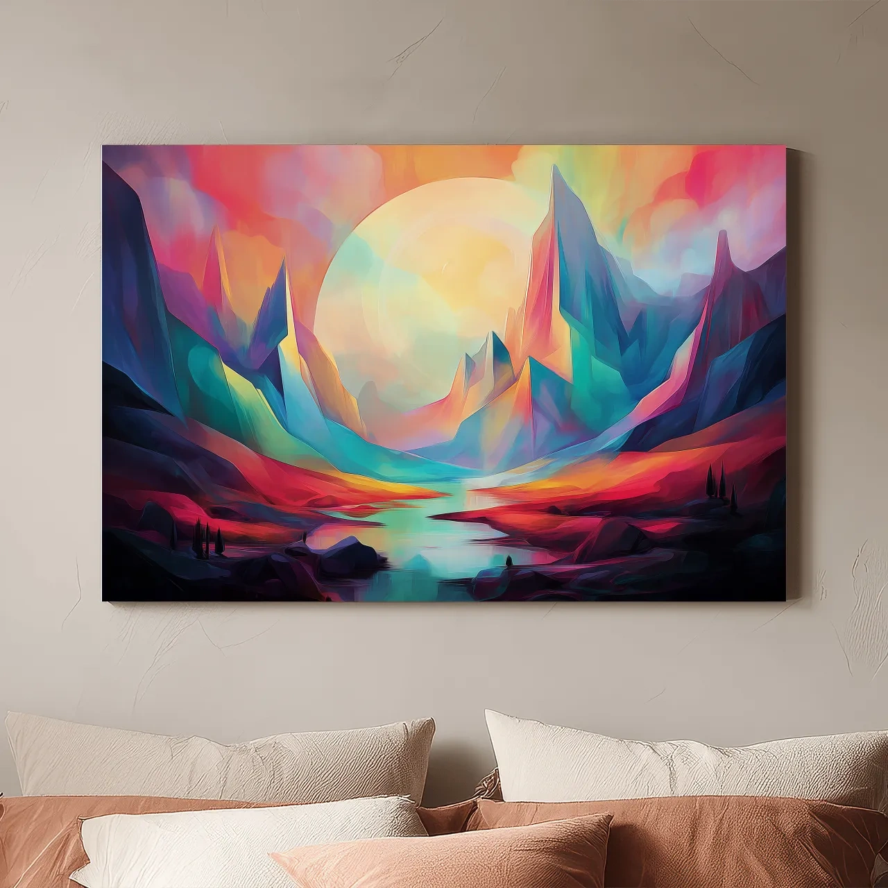 Vibrant Abstract Mountain Valley Sunset - Colorful Surreal Landscape Wall Art