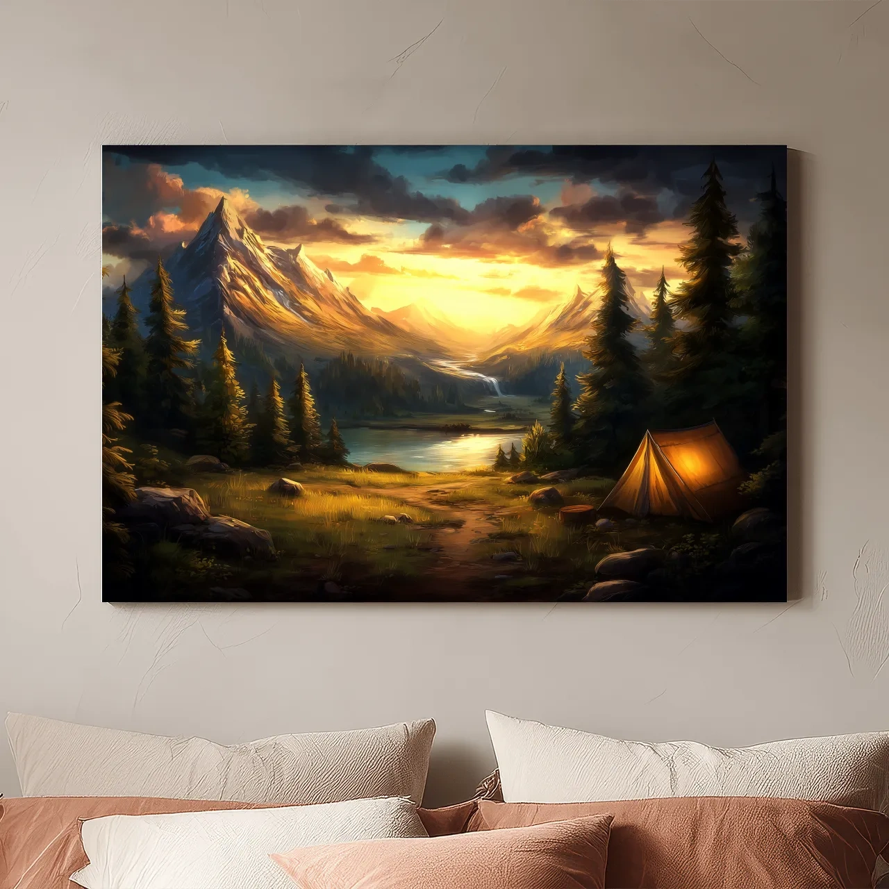Golden Sunset Alpine Camping Scene Impressionist Painting - Scenic Mountain Wall Art
