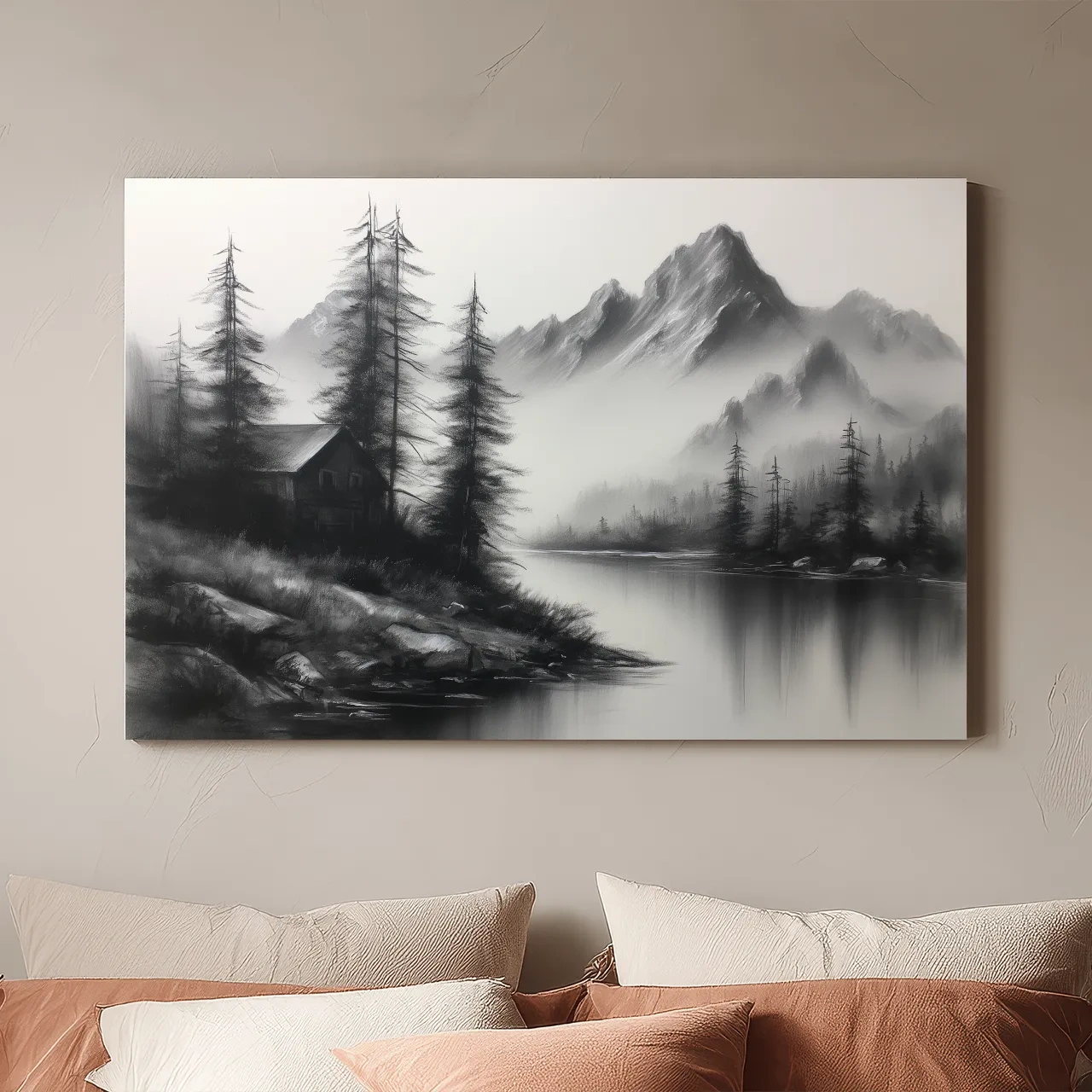Moody Monochrome Alpine Lake Cabin - Charcoal Mountain Sketch Style Wall Art